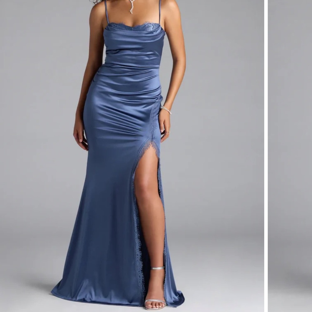 Blue lacy cowl neck prom dress with leg slit NWT